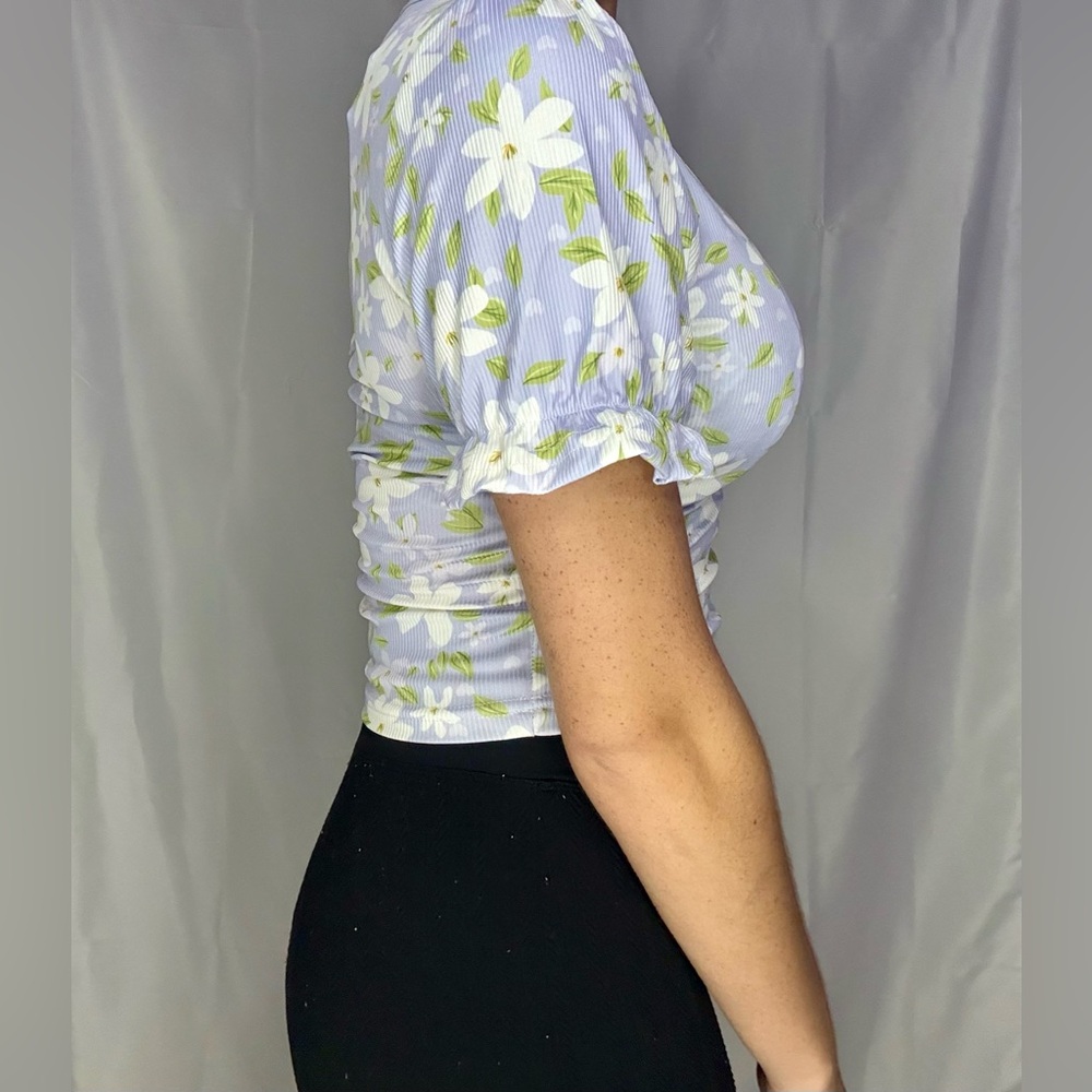 Floral Puff Sleeve Top - Purple and White